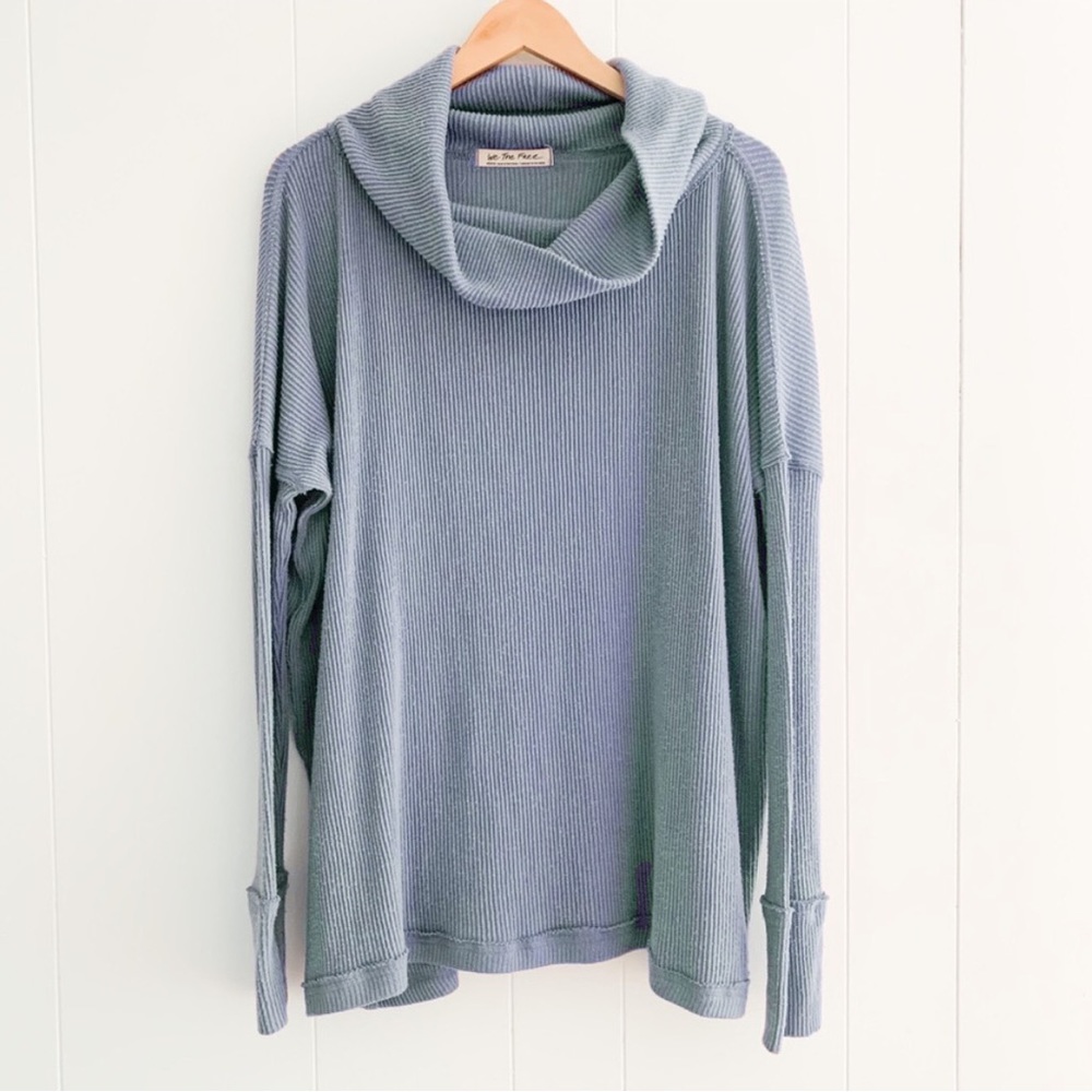 Free People We The Free Cowl Neck Open Back Ribbed Pale Blue Sweater